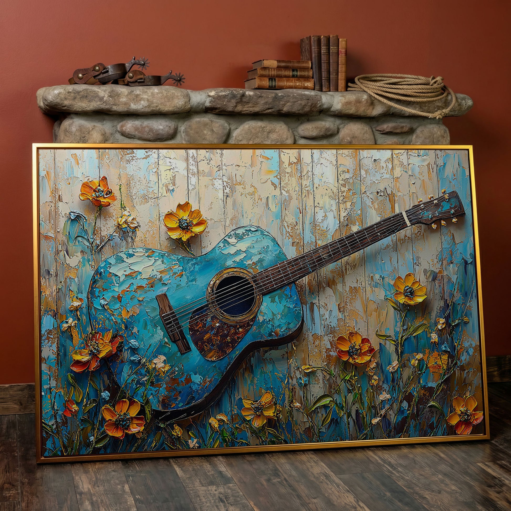 Acoustic Guitar and Flowers Canvas Wall Art. Music Room Decor in antique gold floating frame