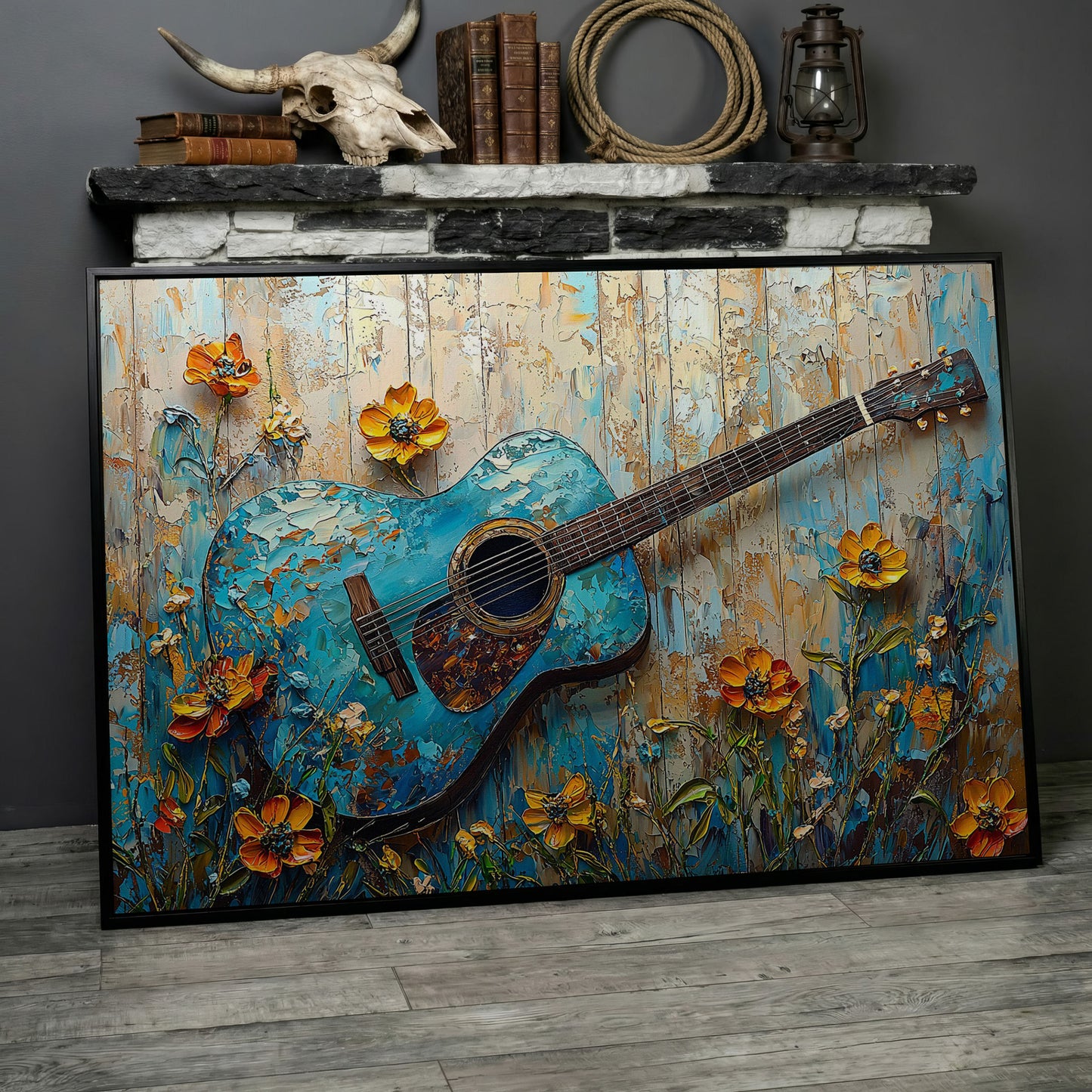 Acoustic Guitar and Flowers Canvas Wall Art. Music Room Decor in black floating frame