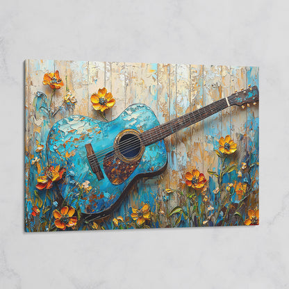 Acoustic Guitar and Flowers Canvas Wall Art. Music Room Decor on gallery wrap