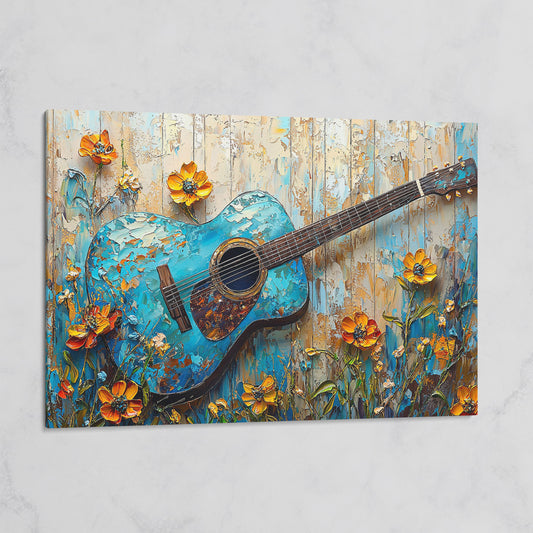 Acoustic Guitar and Flowers Canvas Wall Art. Music Room Decor on gallery wrap