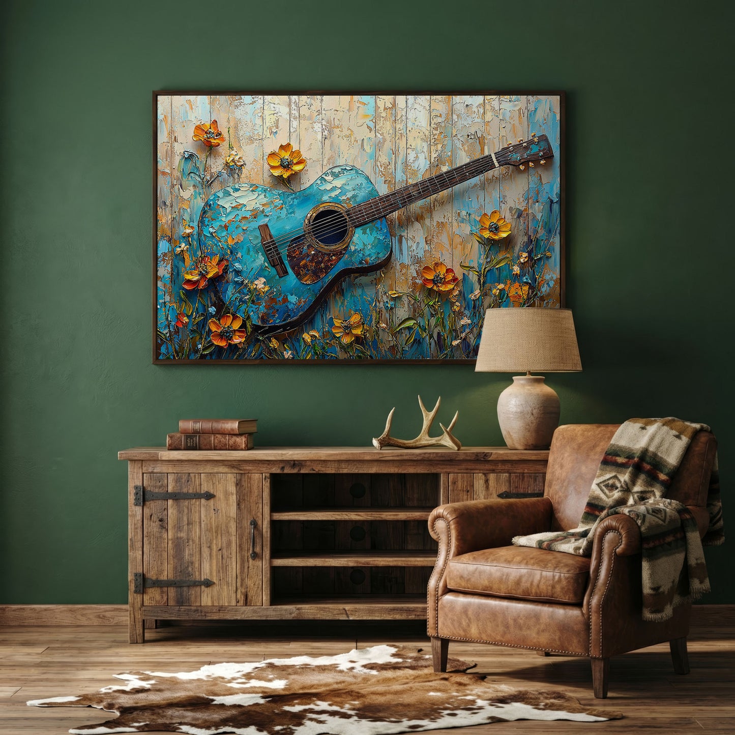 Acoustic Guitar and Flowers Canvas Wall Art. Music Room Decor in dark walnut floating frame