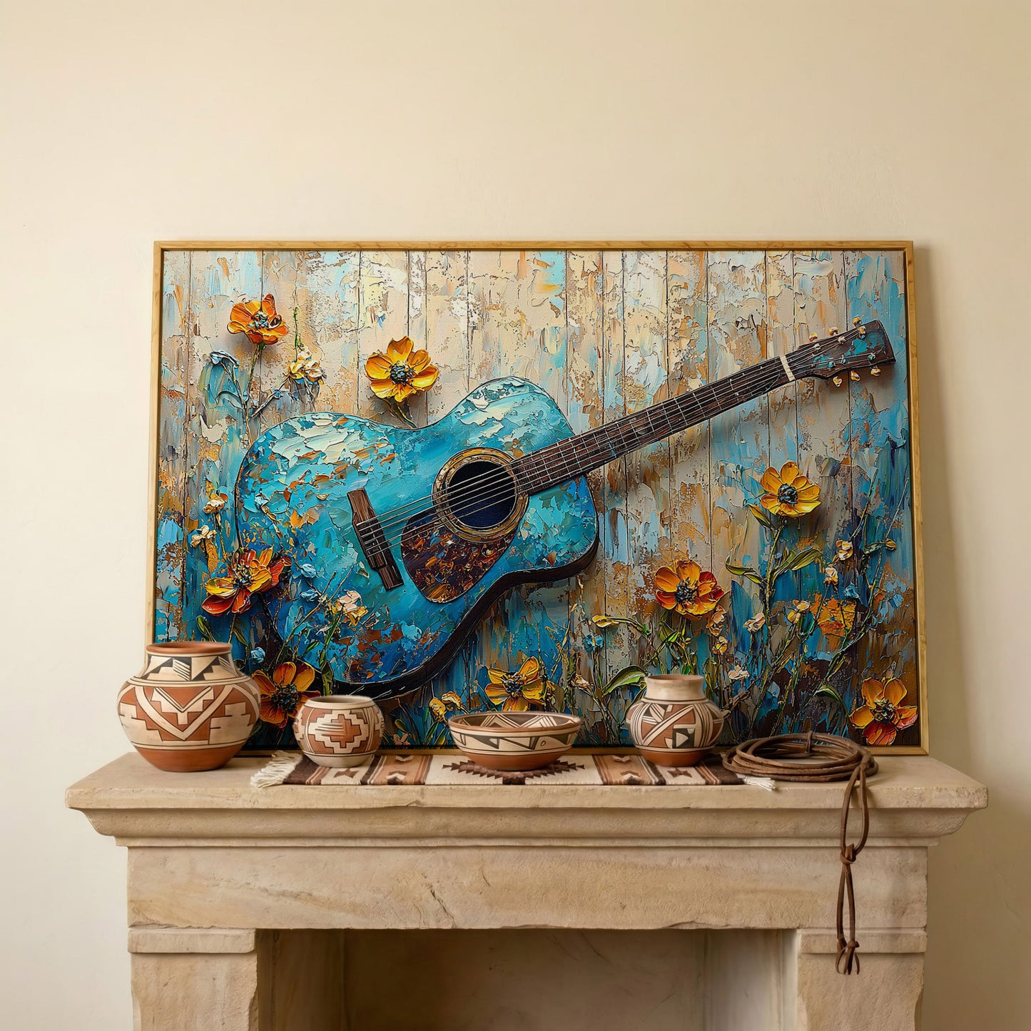 Acoustic Guitar and Flowers Canvas Wall Art. Music Room Decor in white oak floating frame