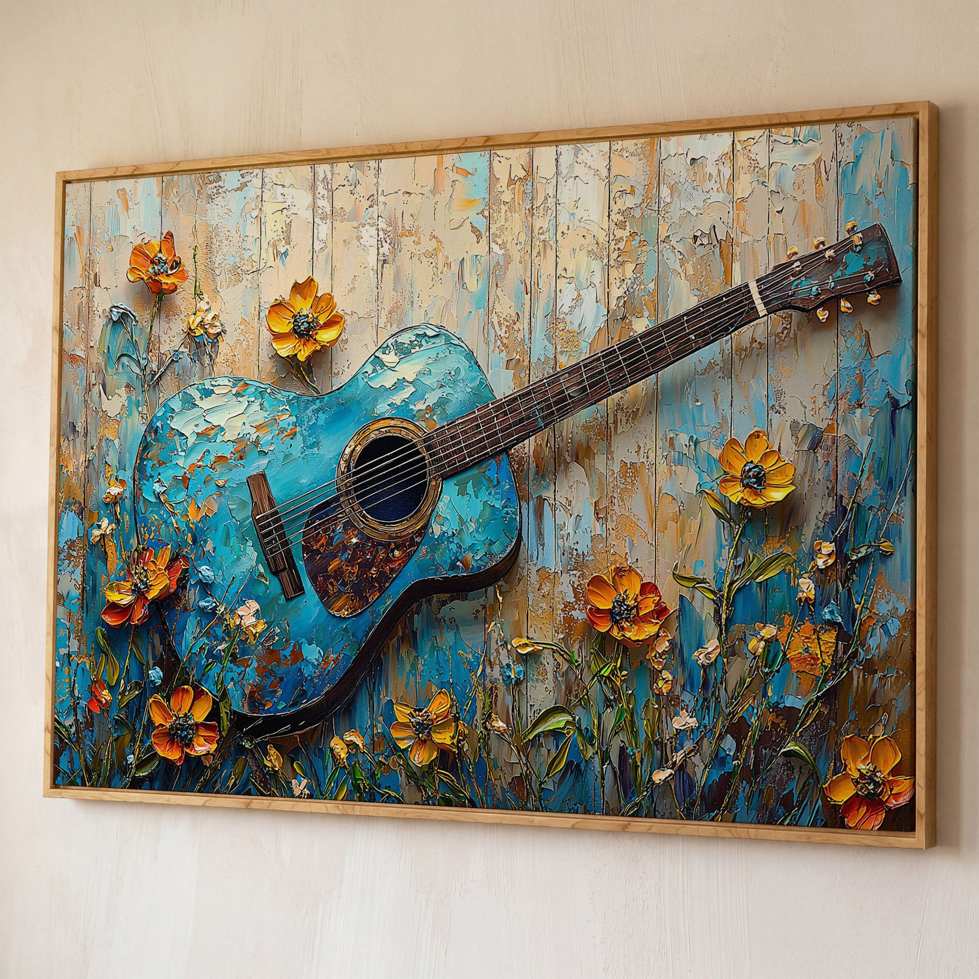 Acoustic Guitar and Flowers Canvas Wall Art. Music Room Decor shown in white oak floating frame