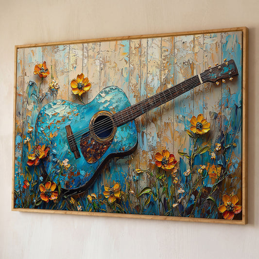 Acoustic Guitar and Flowers Canvas Wall Art. Music Room Decor shown in white oak floating frame