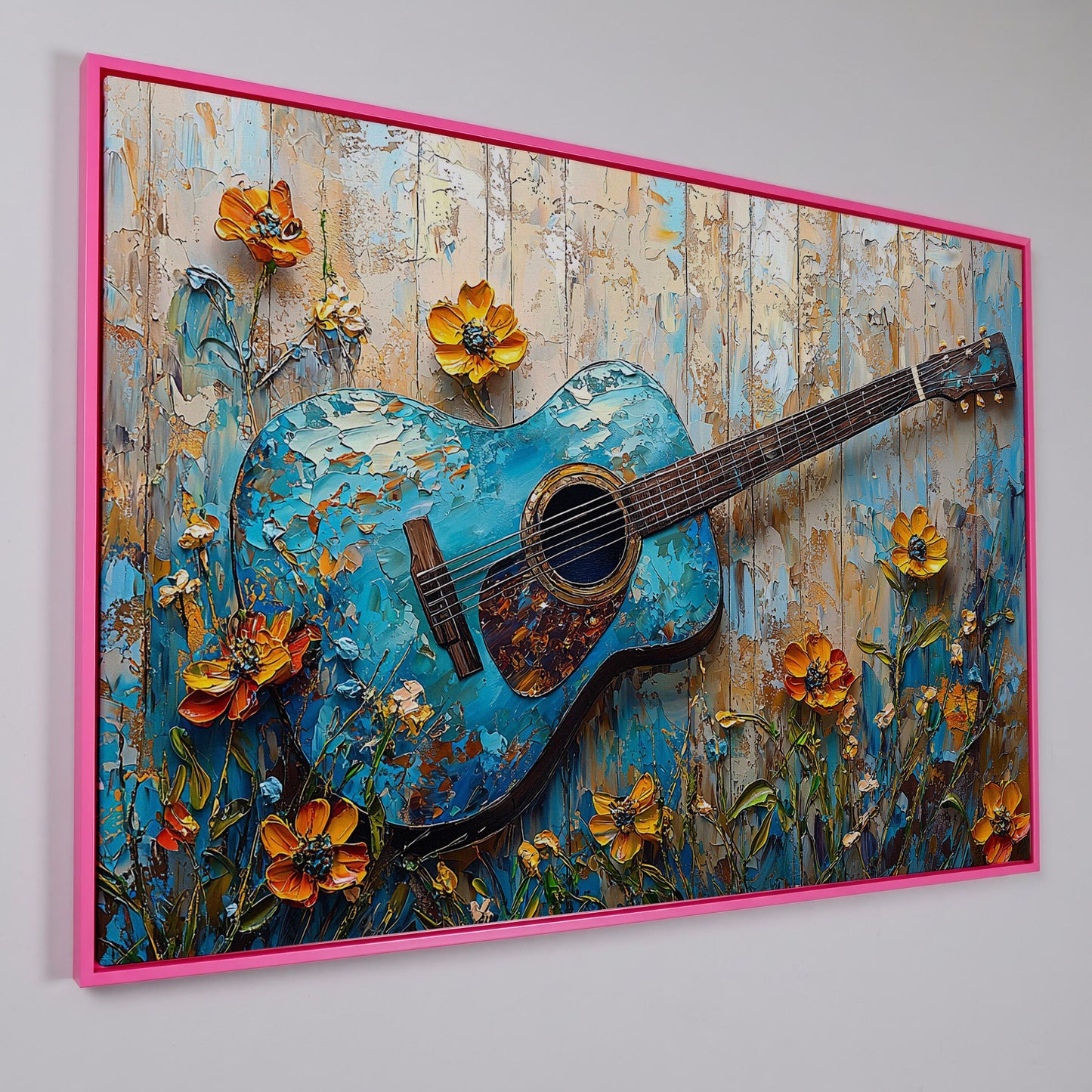Acoustic Guitar and Flowers Canvas Wall Art. Music Room Decor in pink floating frame