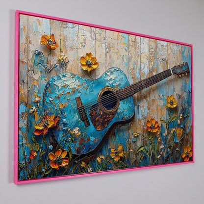 Acoustic Guitar and Flowers Canvas Wall Art. Music Room Decor in pink floating frame