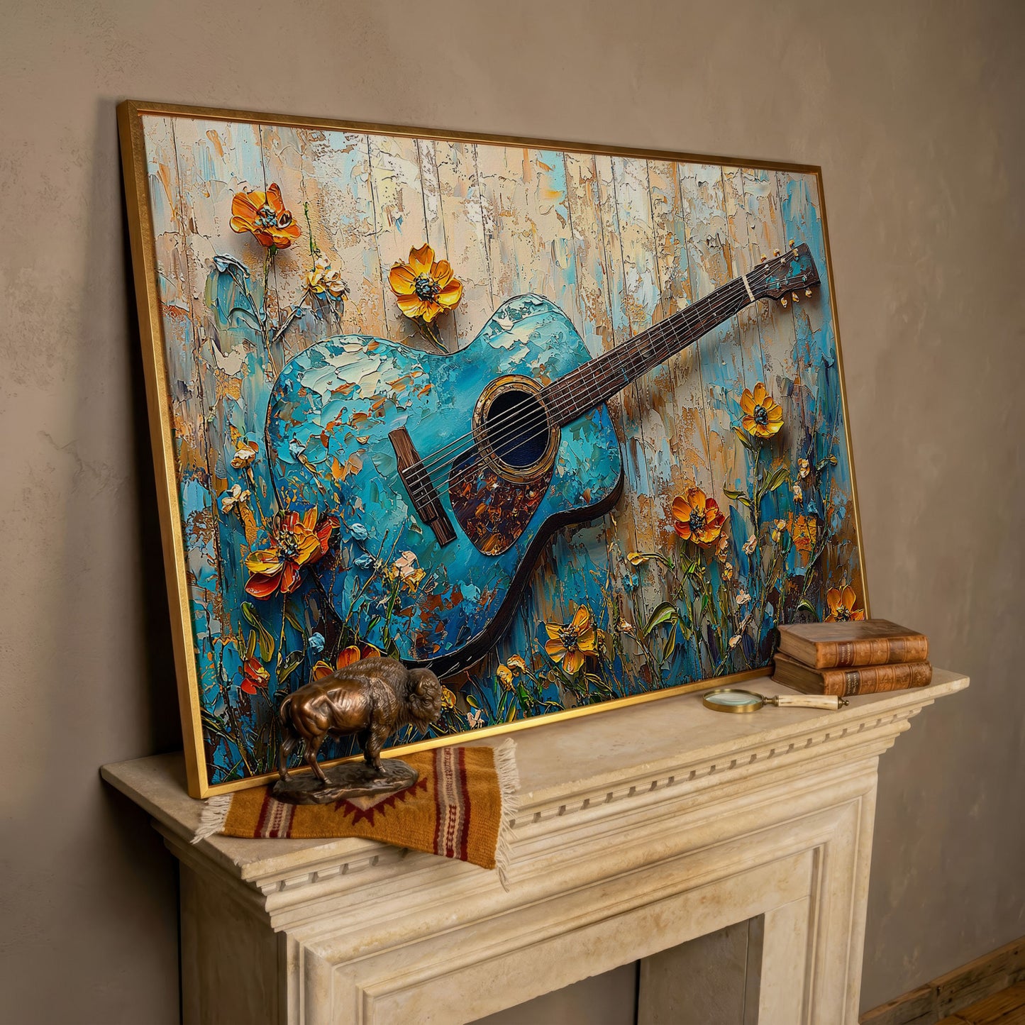 Acoustic Guitar and Flowers Canvas Wall Art. Music Room Decor in rose gold floating frame