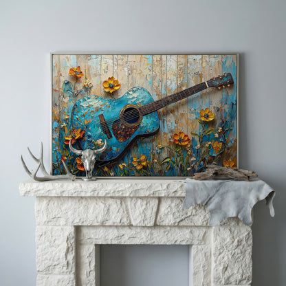 Acoustic Guitar and Flowers Canvas Wall Art. Music Room Decor in silver floating frame