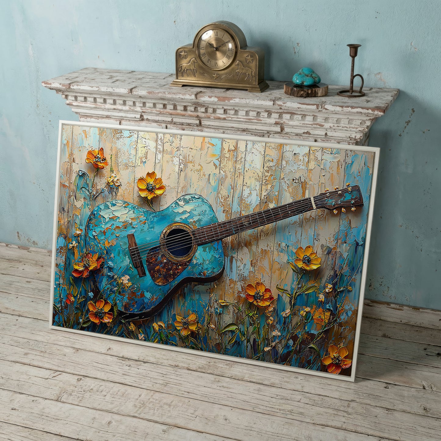 Acoustic Guitar and Flowers Canvas Wall Art. Music Room Decor in white floating frame