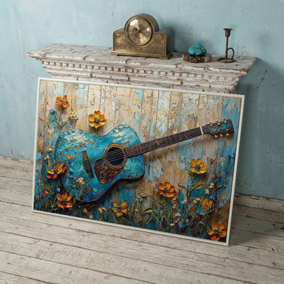 Acoustic Guitar and Flowers Canvas Wall Art. Music Room Decor in white floating frame