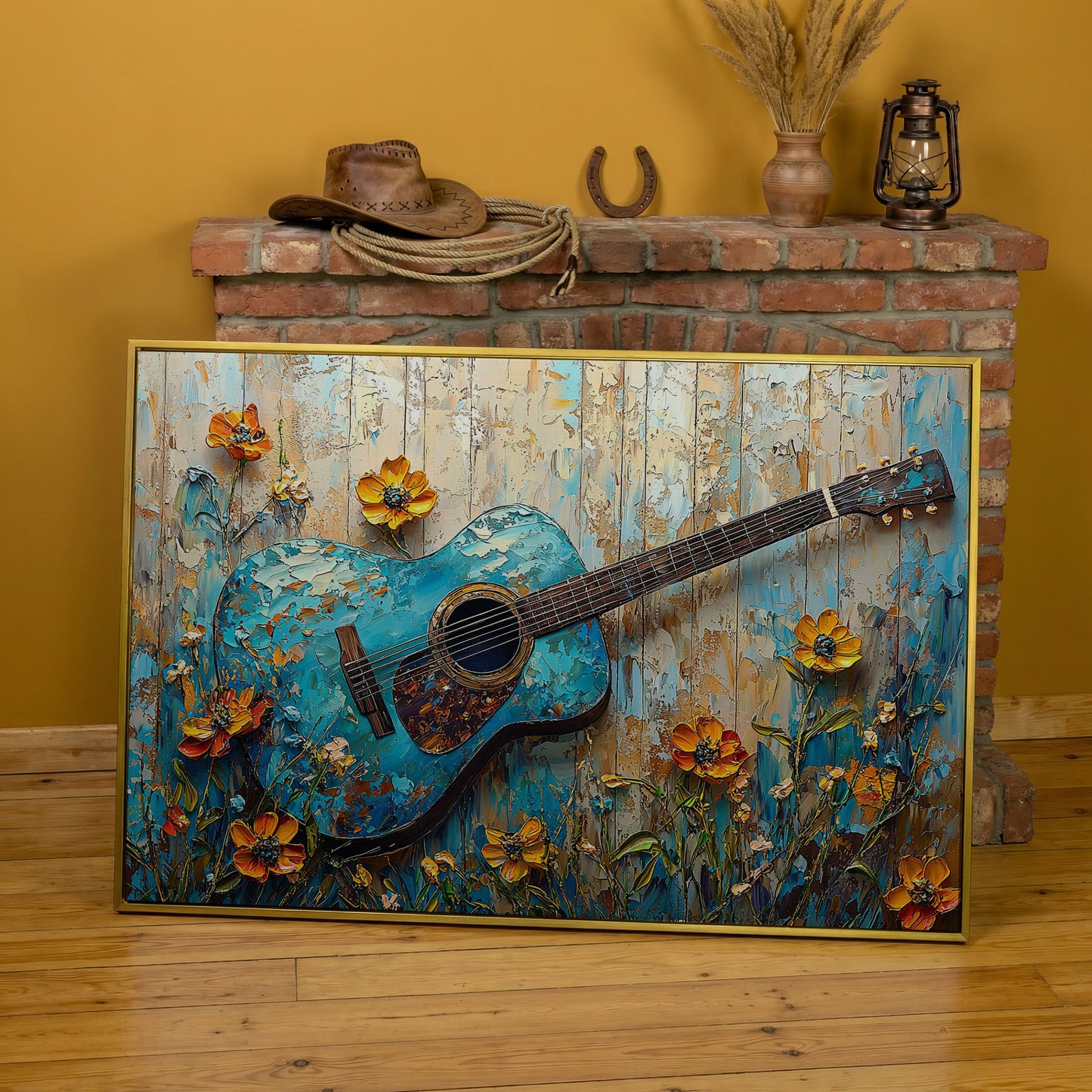 Acoustic Guitar and Flowers Canvas Wall Art. Music Room Decor in yellow gold floating frame