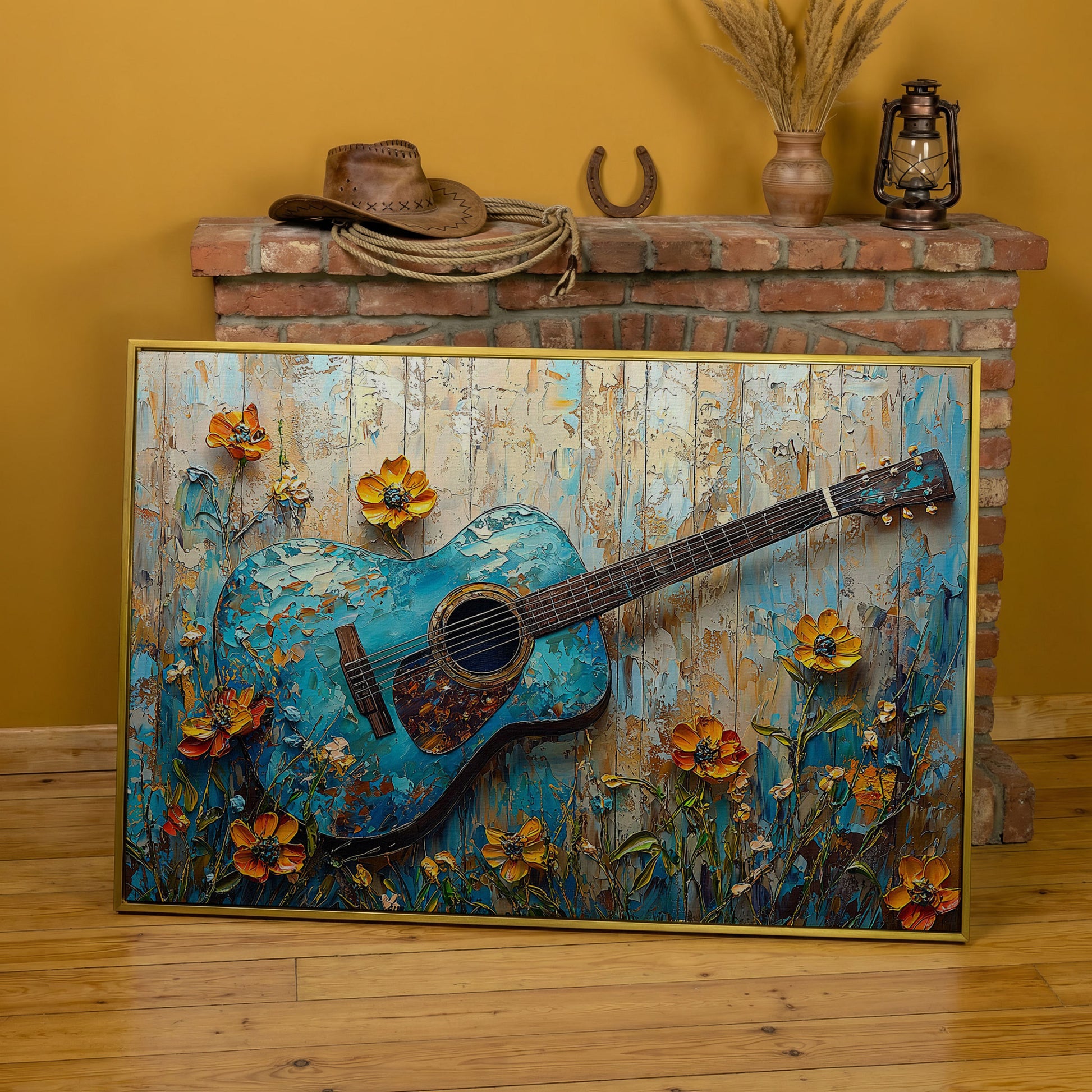 Acoustic Guitar and Flowers Canvas Wall Art. Music Room Decor in yellow gold floating frame