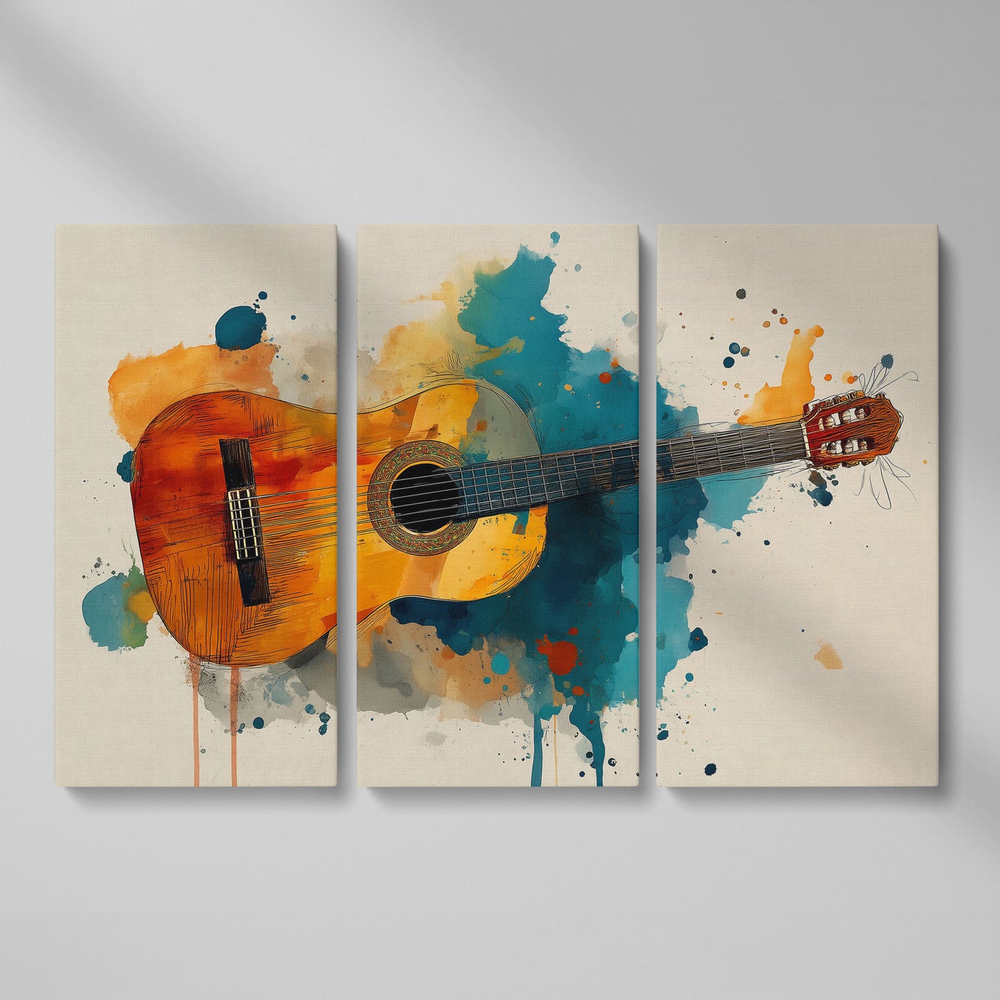 Classical Guitar Canvas Wall Art. Abstract Jazz Painting as 3-panel split version