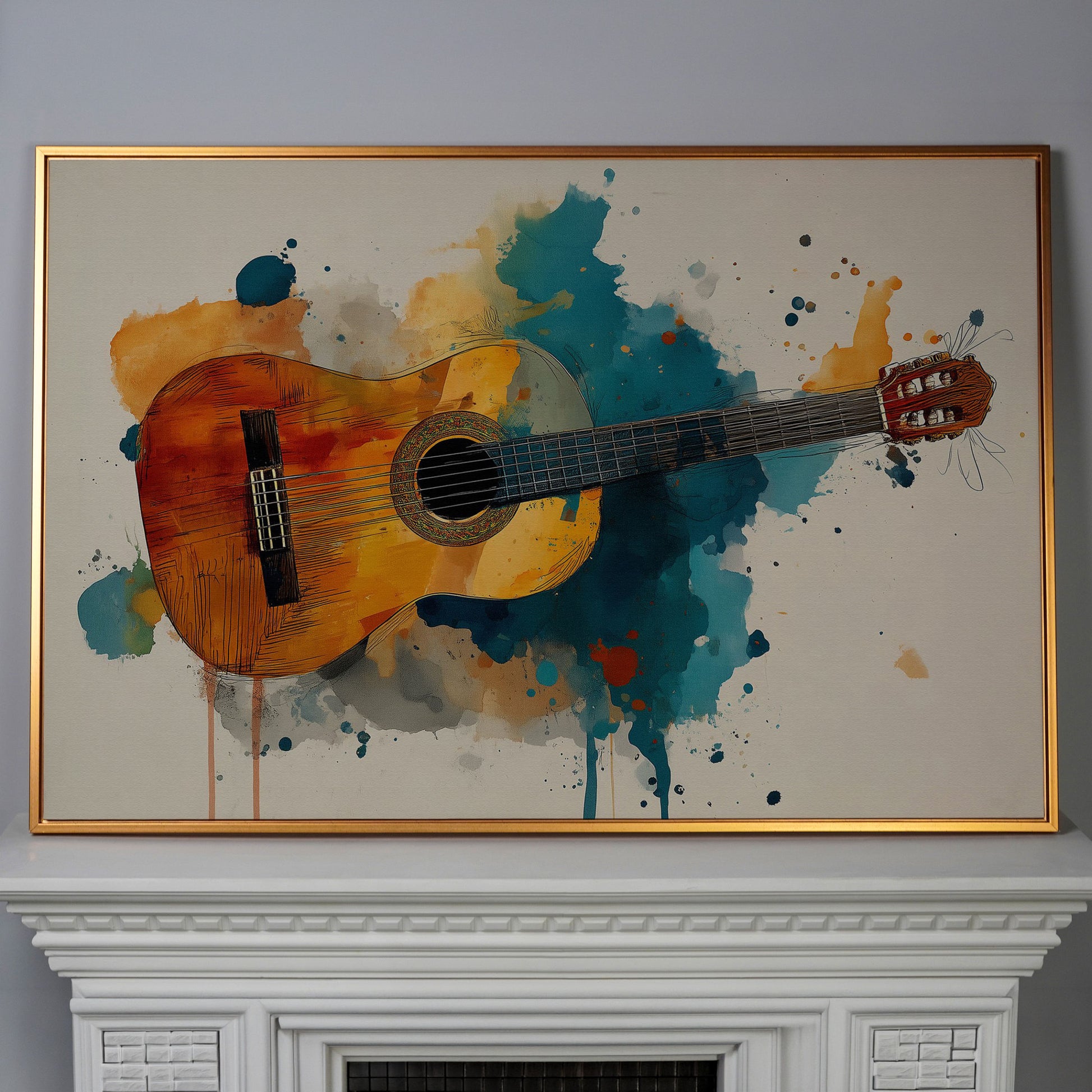 Classical Guitar Canvas Wall Art. Abstract Jazz Painting in antique gold floating frame