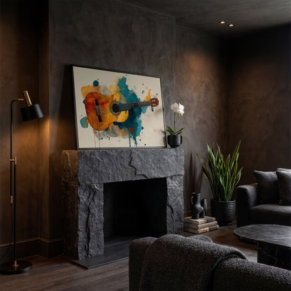 Classical Guitar Canvas Wall Art. Abstract Jazz Painting in black floating frame