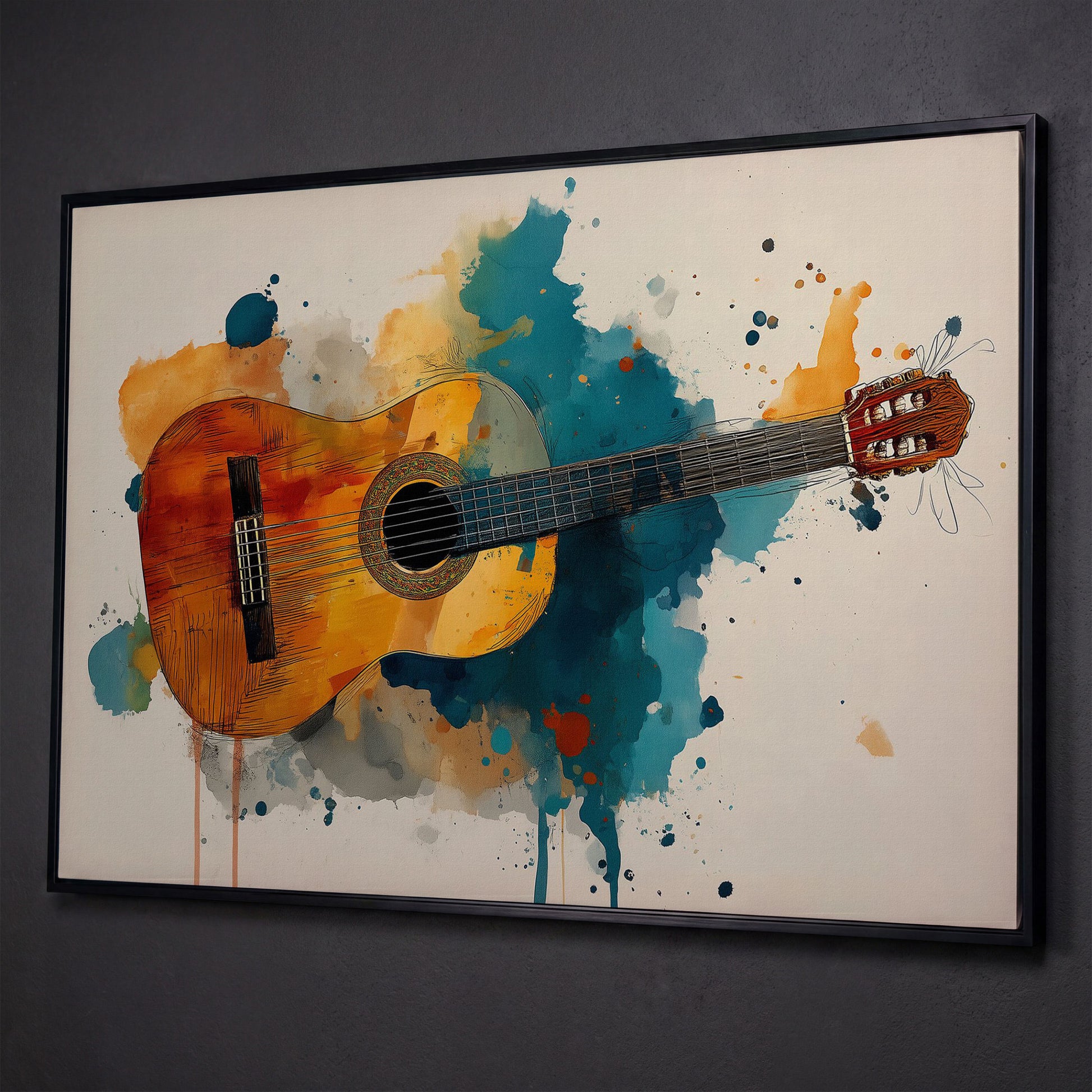Classical Guitar Canvas Wall Art. Abstract Jazz Painting shown in black floating frame