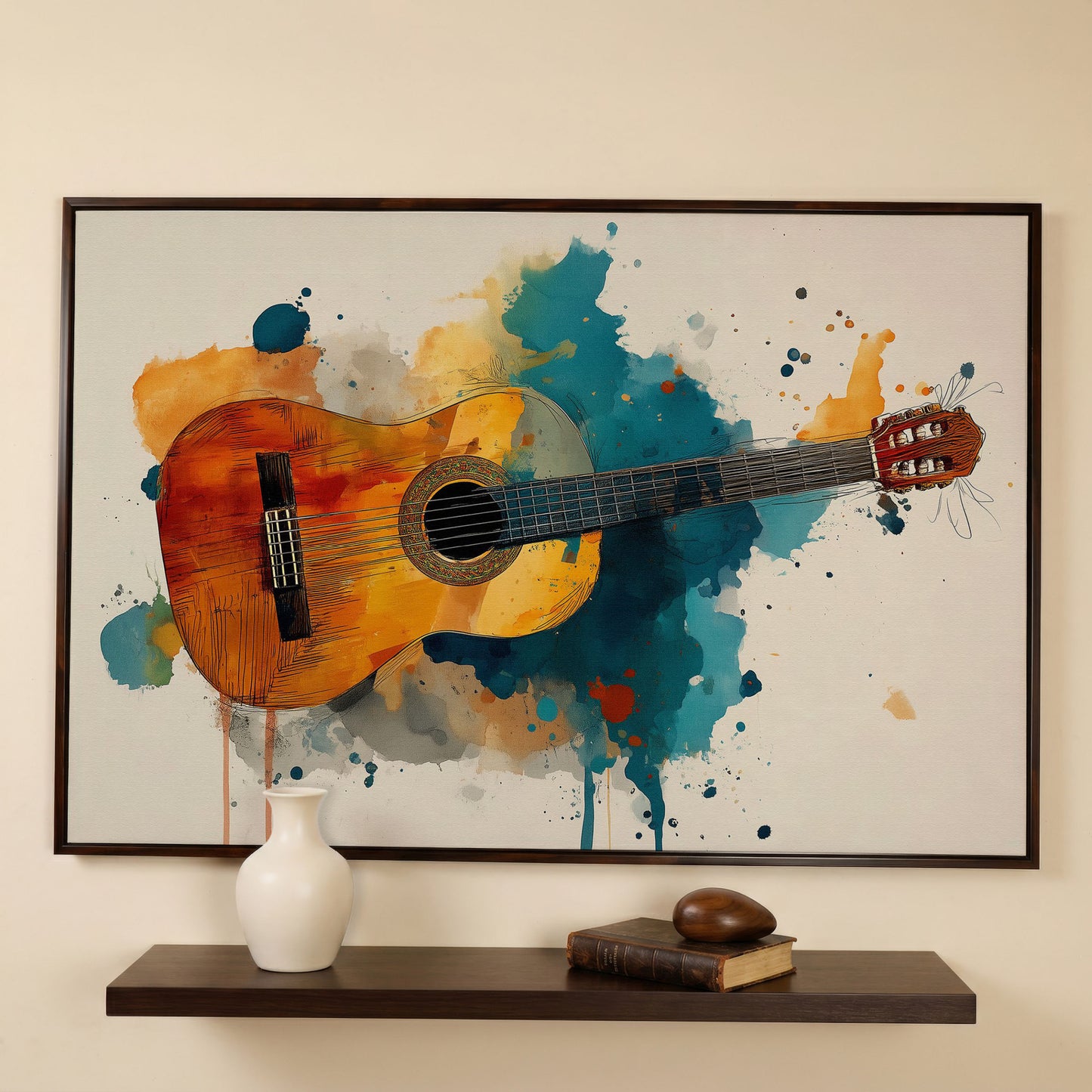 Classical Guitar Canvas Wall Art. Abstract Jazz Painting in dark walnut floating frame