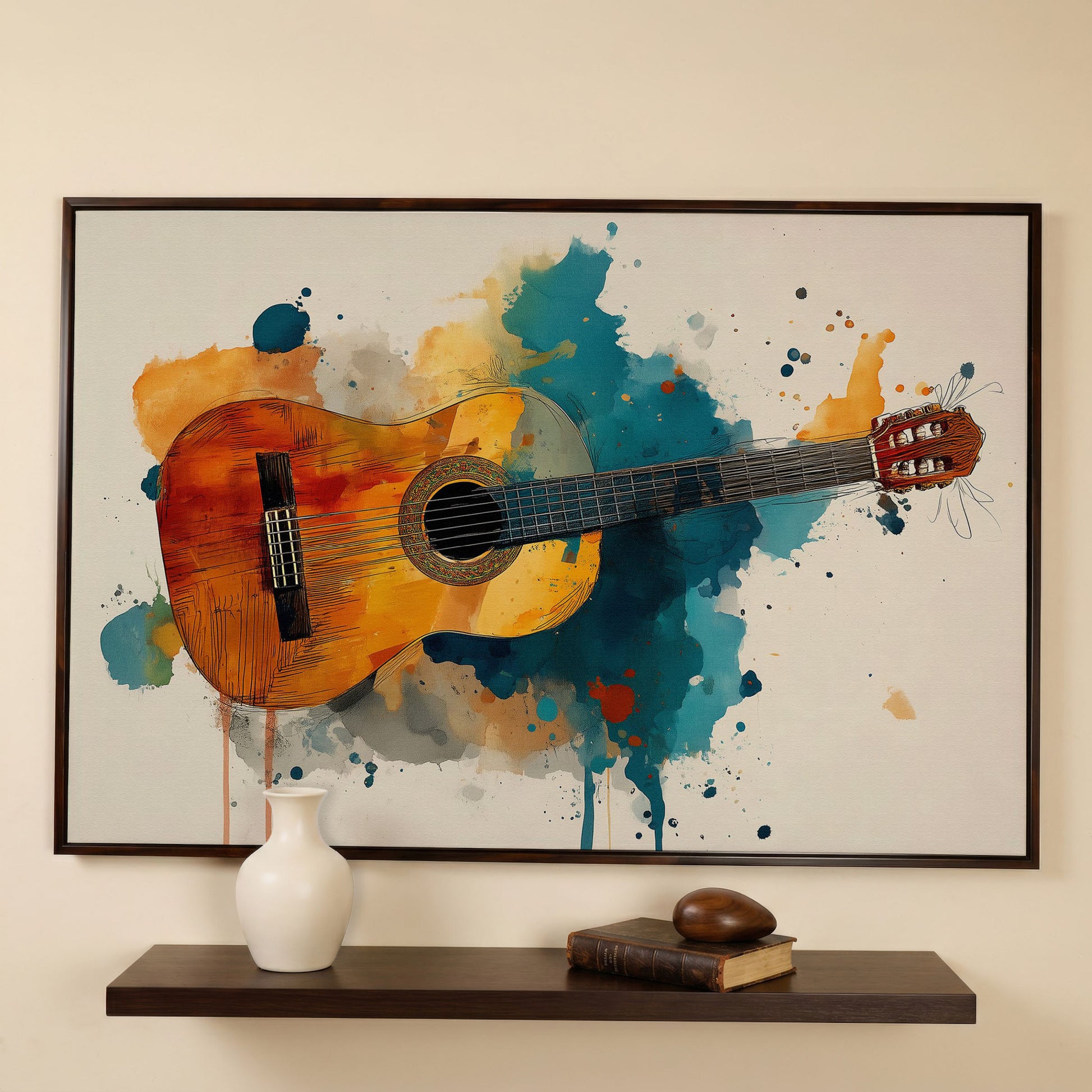 Classical Guitar Canvas Wall Art. Abstract Jazz Painting in dark walnut floating frame