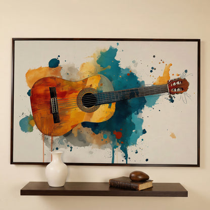 Classical Guitar Canvas Wall Art. Abstract Jazz Painting in dark walnut floating frame