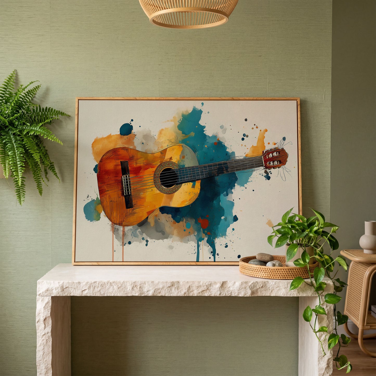Classical Guitar Canvas Wall Art. Abstract Jazz Painting in white oak floating frame