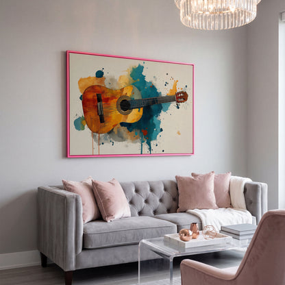 Classical Guitar Canvas Wall Art. Abstract Jazz Painting in pink floating frame