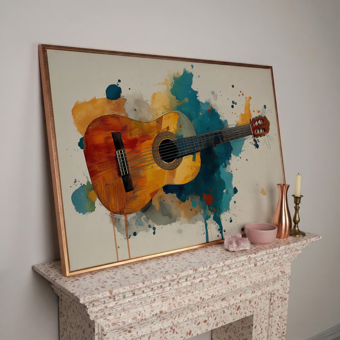 Classical Guitar Canvas Wall Art. Abstract Jazz Painting in rose gold floating frame