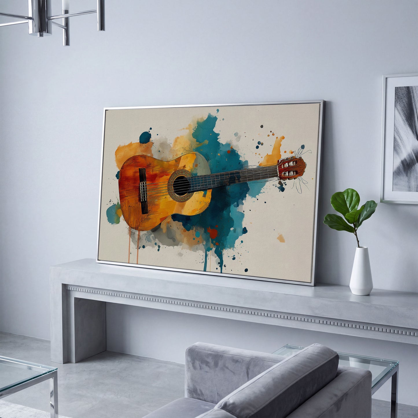 Classical Guitar Canvas Wall Art. Abstract Jazz Painting in silver floating frame