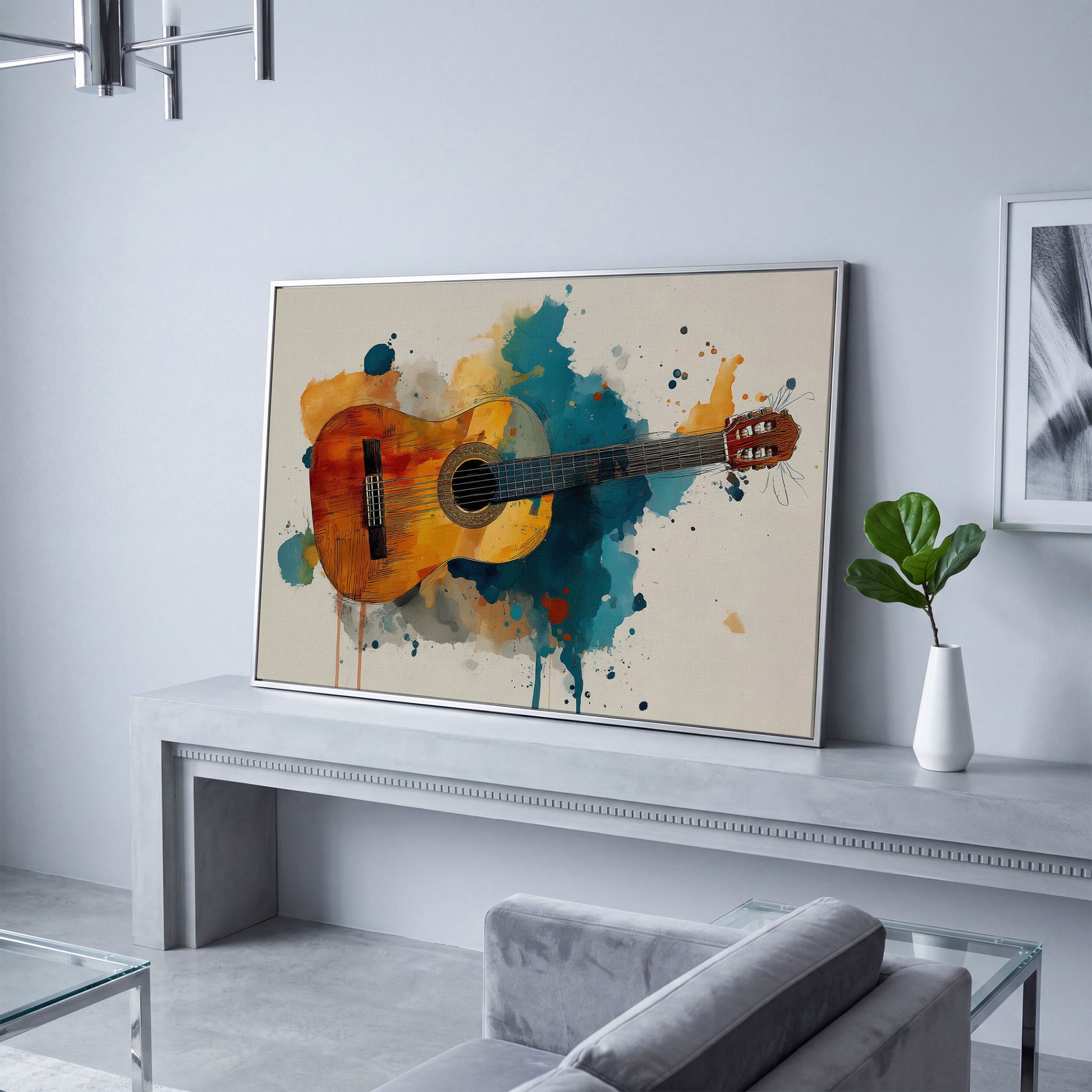 Classical Guitar Canvas Wall Art. Abstract Jazz Painting in silver floating frame