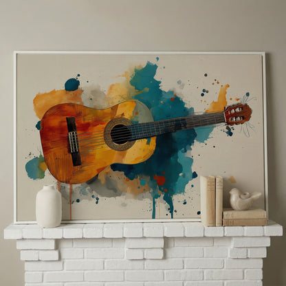 Classical Guitar Canvas Wall Art. Abstract Jazz Painting in white floating frame