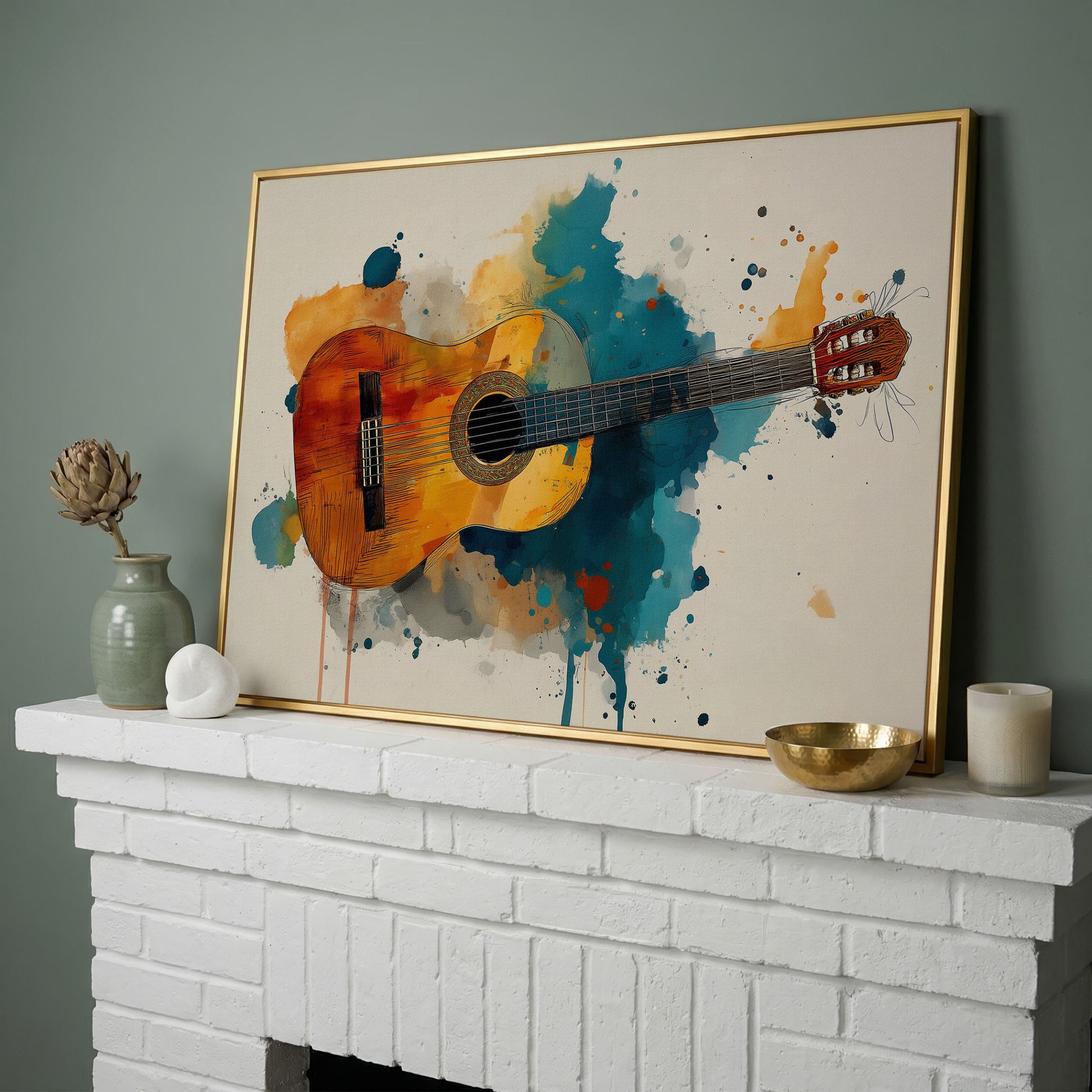 Classical Guitar Canvas Wall Art. Abstract Jazz Painting in yellow gold floating frame