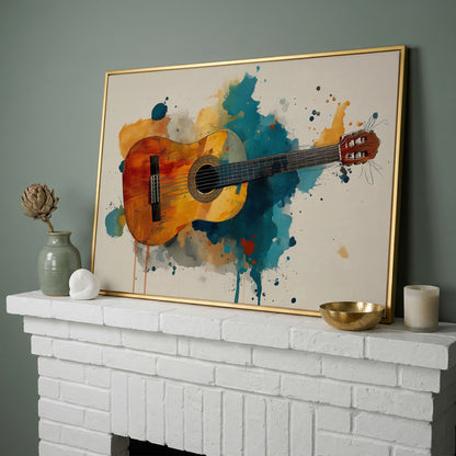 Classical Guitar Canvas Wall Art. Abstract Jazz Painting in yellow gold floating frame