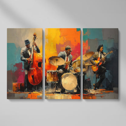 Jazz Trio Canvas Art: Bassist, Drummer and Guitarist as 3-panel split version