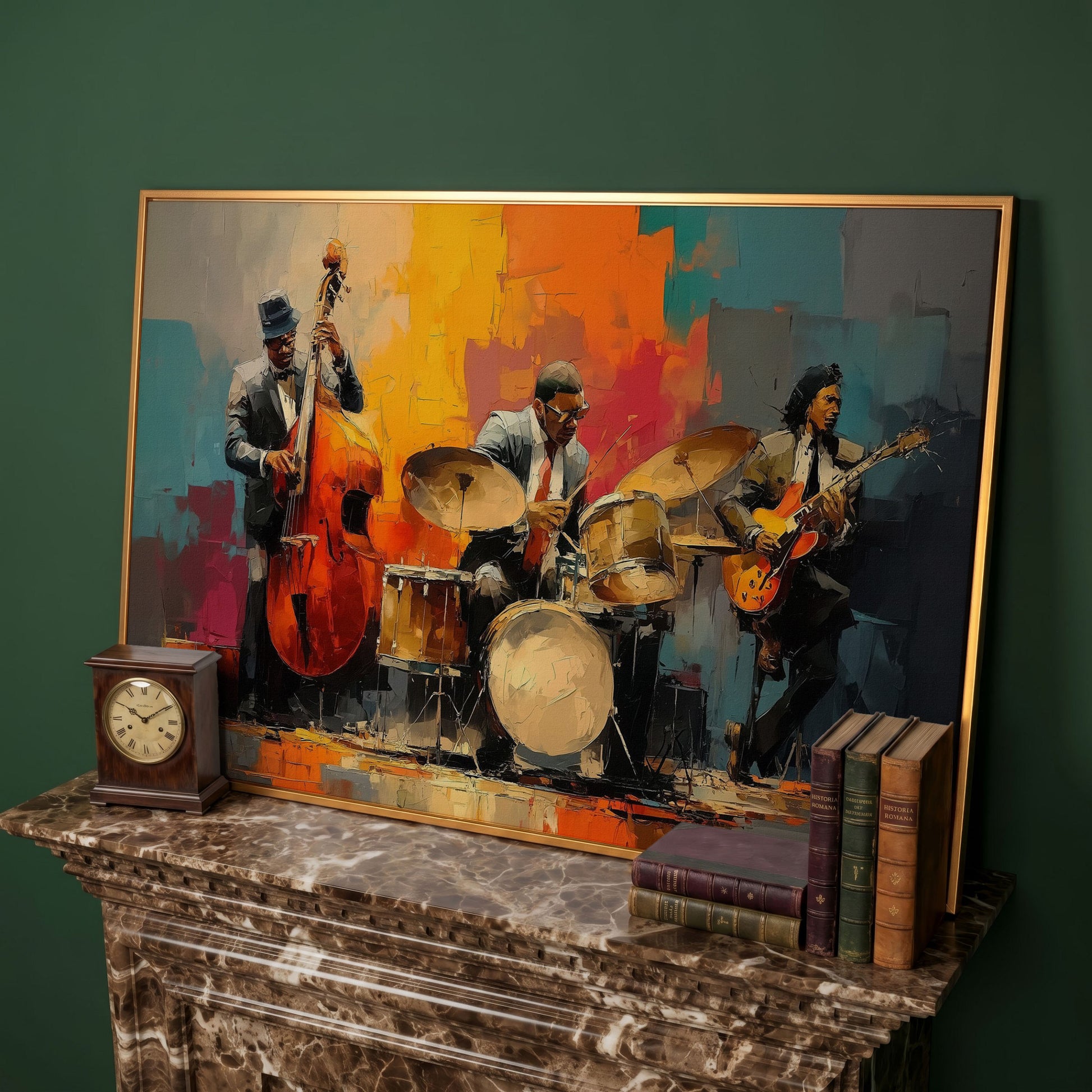 Jazz Trio Canvas Art: Bassist, Drummer and Guitarist in antique gold floating frame