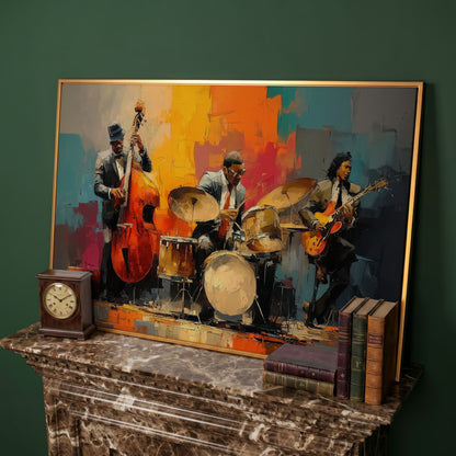 Jazz Trio Canvas Art: Bassist, Drummer and Guitarist in antique gold floating frame