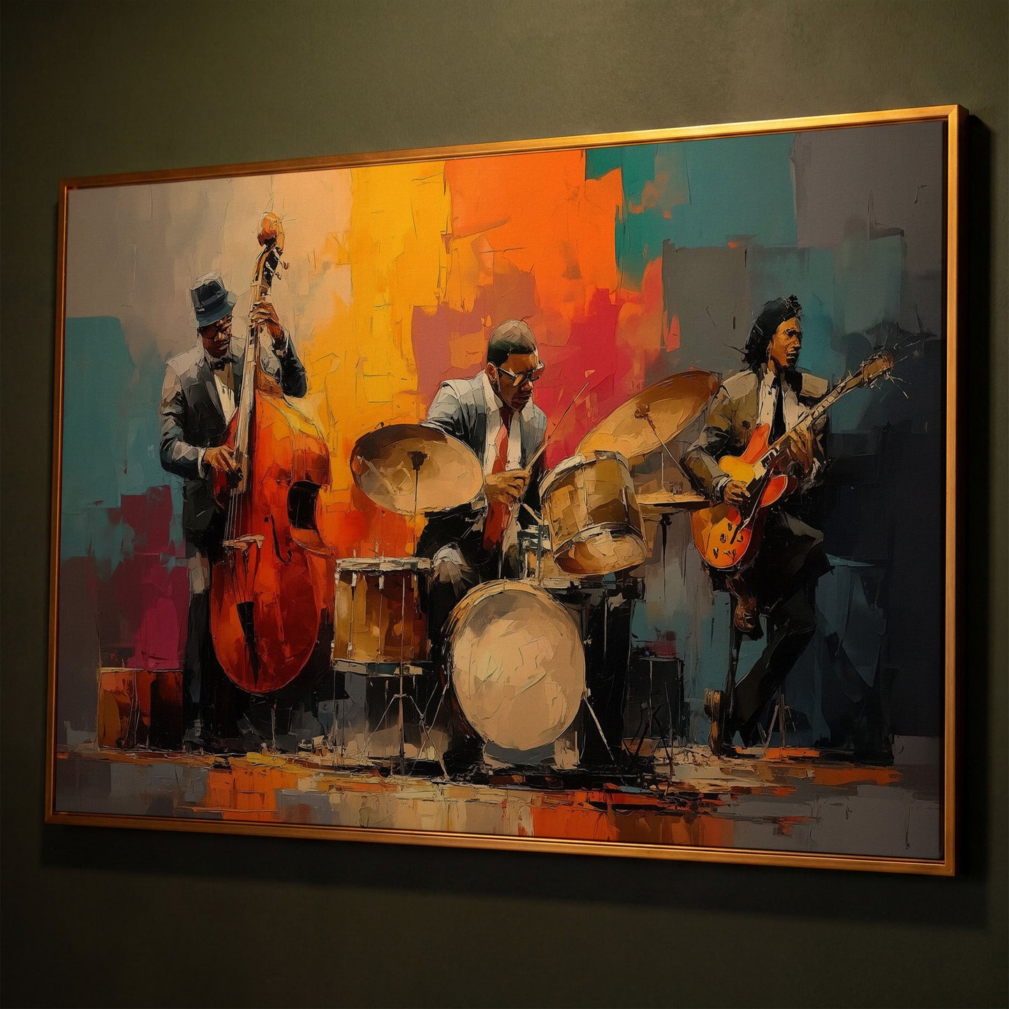 Jazz Trio Canvas Art: Bassist, Drummer and Guitarist shown in antique gold floating frame