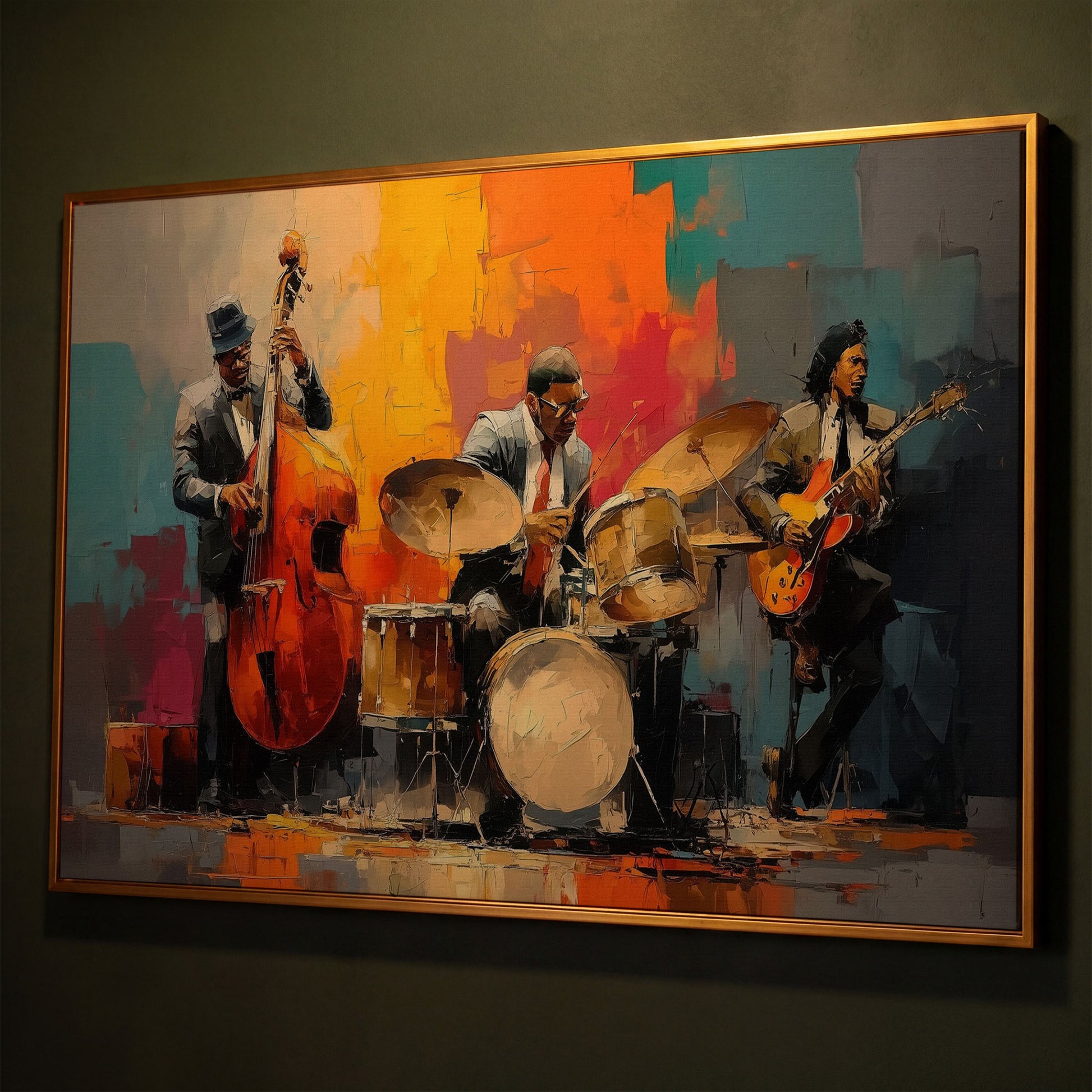 Jazz Trio Canvas Art: Bassist, Drummer and Guitarist shown in antique gold floating frame