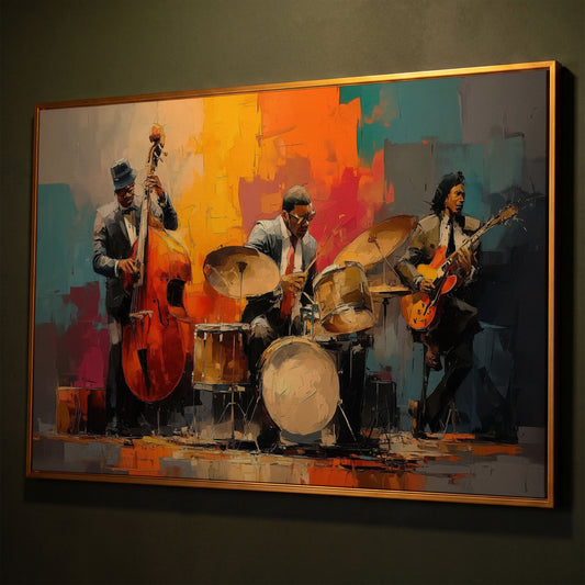 Jazz Trio Canvas Art: Bassist, Drummer and Guitarist shown in antique gold floating frame