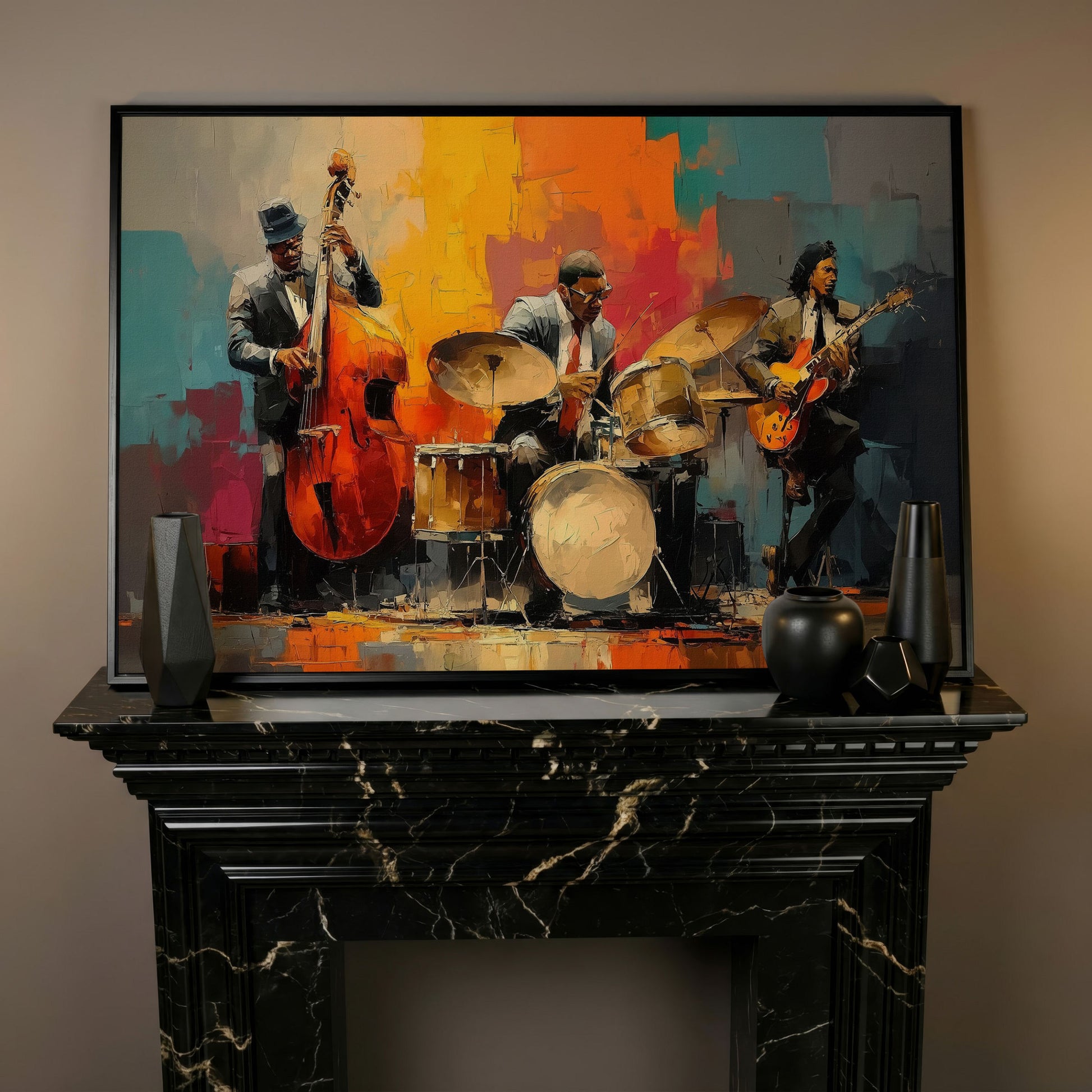 Jazz Trio Canvas Art: Bassist, Drummer and Guitarist in black floating frame