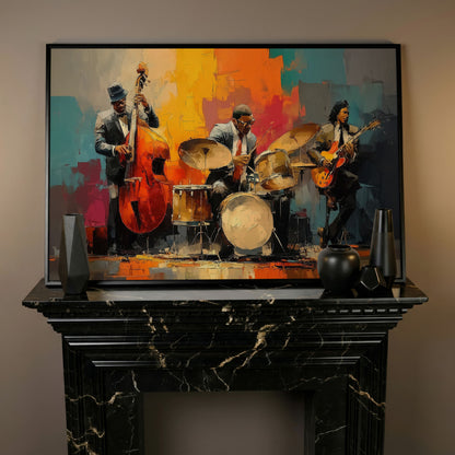 Jazz Trio Canvas Art: Bassist, Drummer and Guitarist in black floating frame