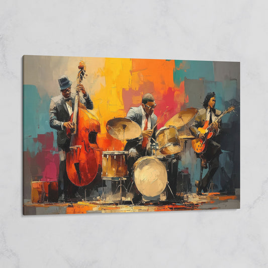 Jazz Trio Canvas Art: Bassist, Drummer and Guitarist on gallery wrap