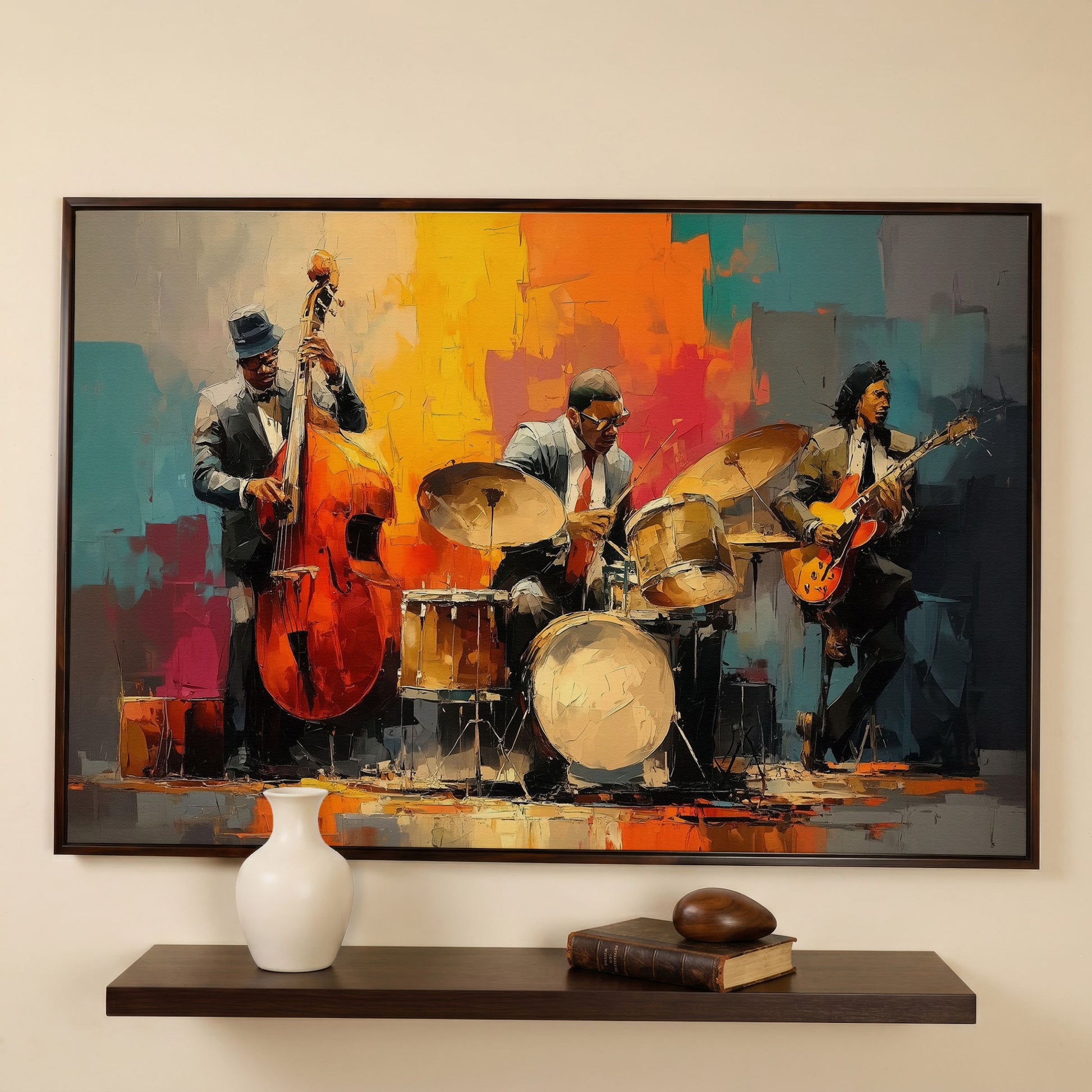 Jazz Trio Canvas Art: Bassist, Drummer and Guitarist in dark walnut floating frame