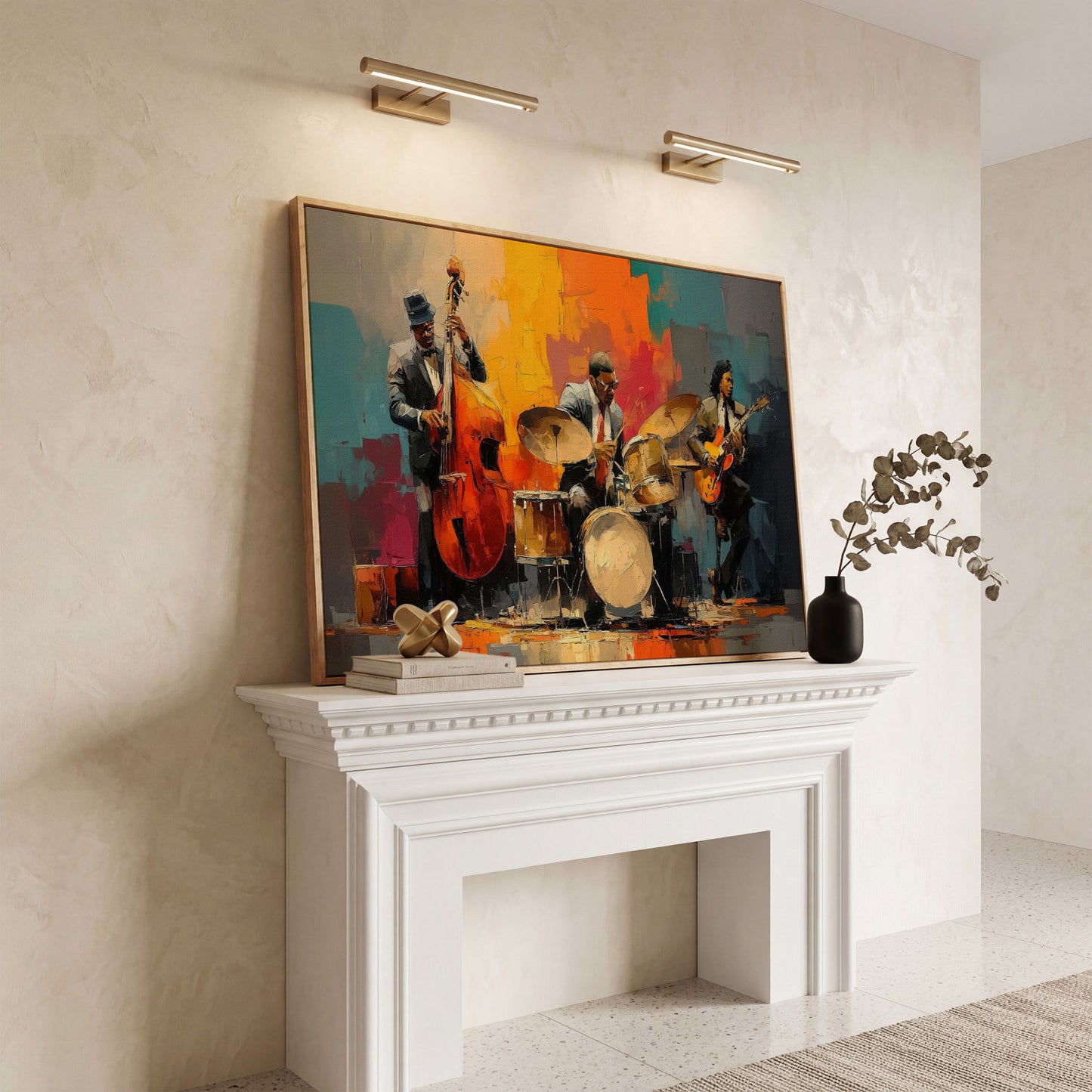 Jazz Trio Canvas Art: Bassist, Drummer and Guitarist in white oak floating frame