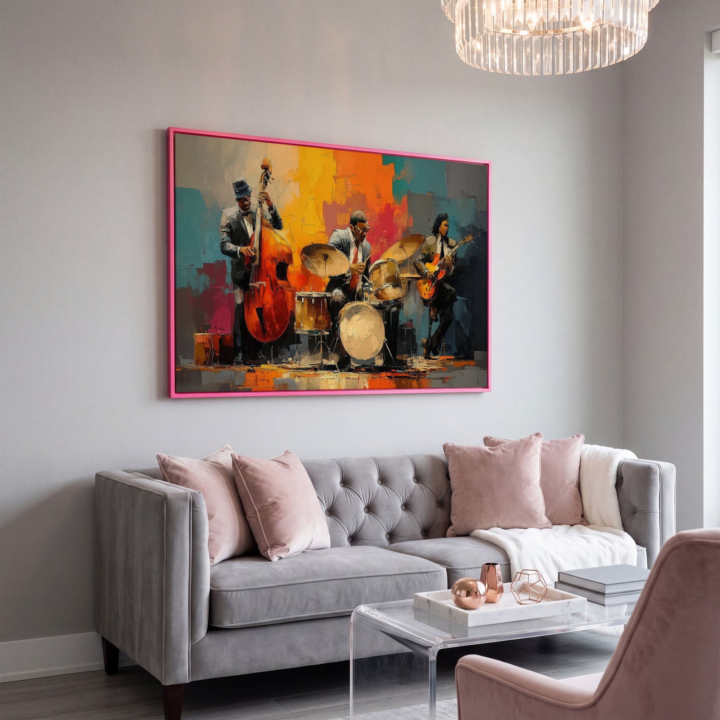 Jazz Trio Canvas Art: Bassist, Drummer and Guitarist in pink floating frame