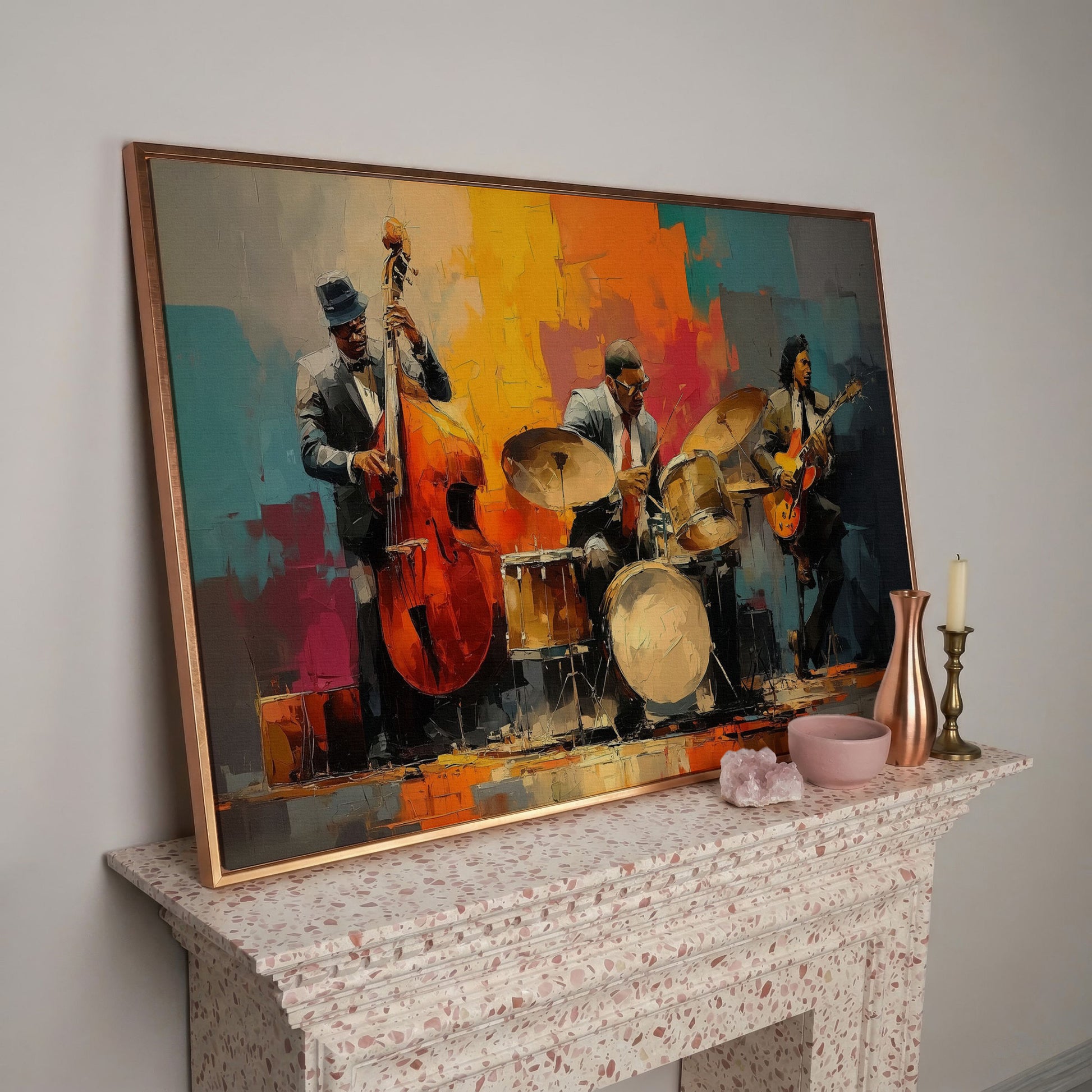 Jazz Trio Canvas Art: Bassist, Drummer and Guitarist in rose gold floating frame