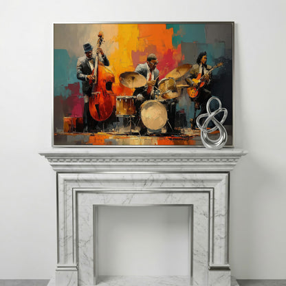 Jazz Trio Canvas Art: Bassist, Drummer and Guitarist in silver floating frame