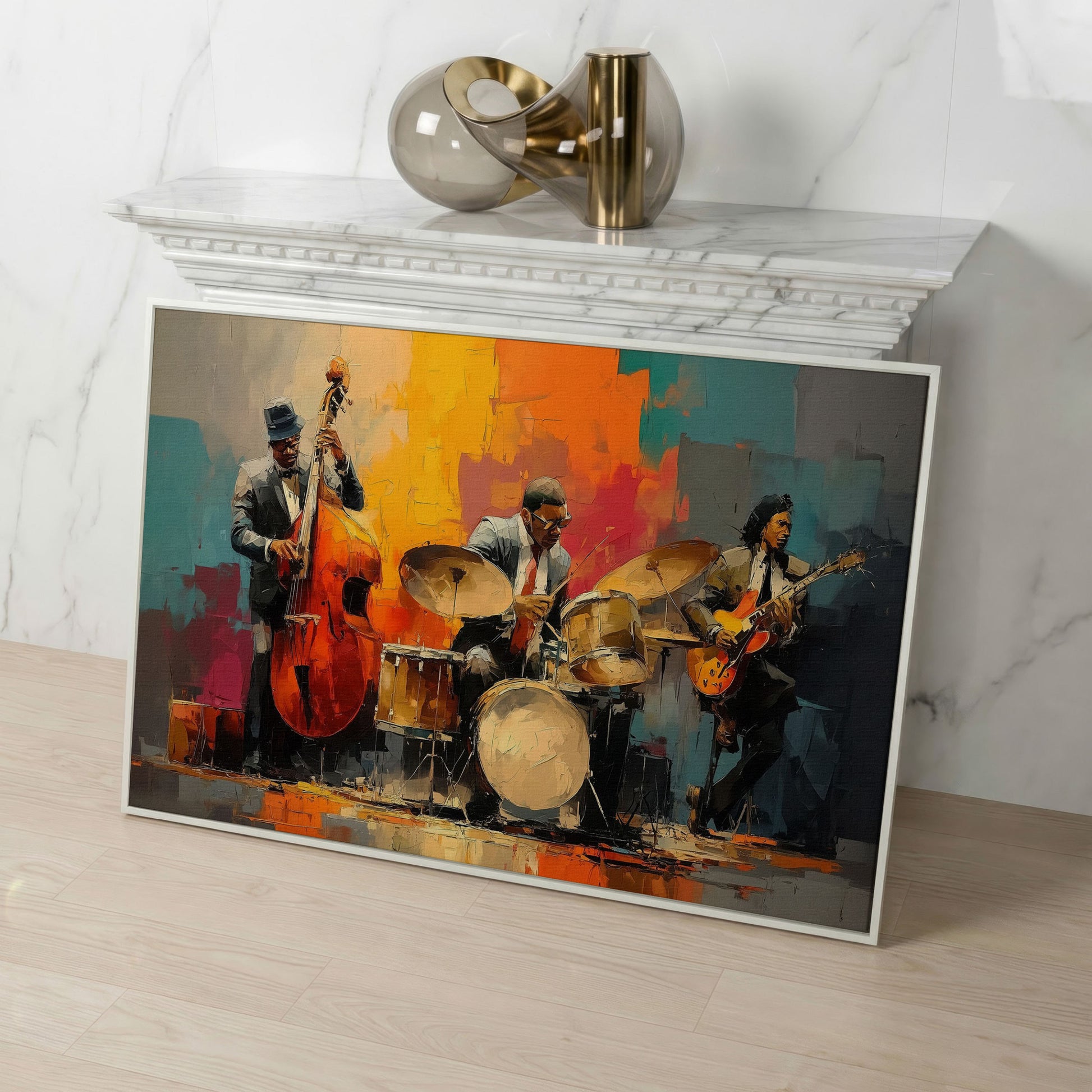 Jazz Trio Canvas Art: Bassist, Drummer and Guitarist in white floating frame