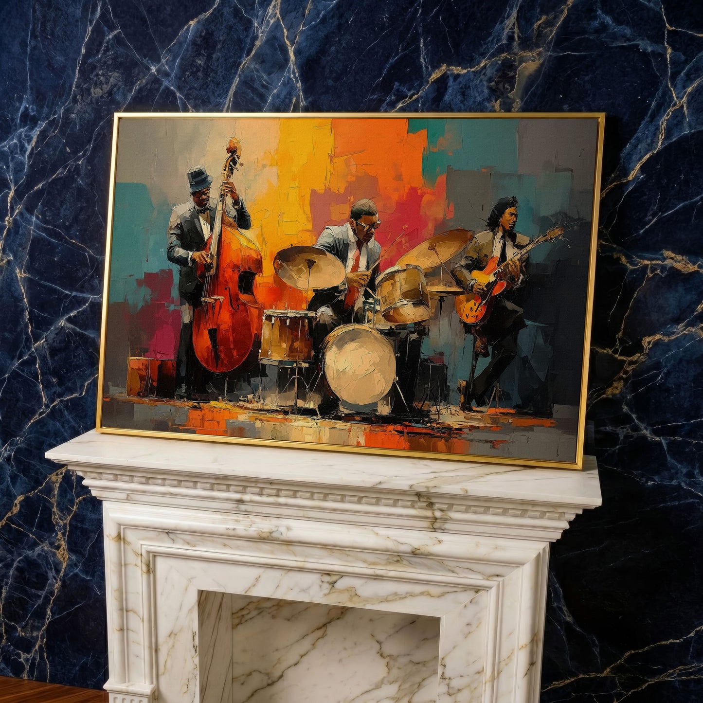 Jazz Trio Canvas Art: Bassist, Drummer and Guitarist in yellow gold floating frame