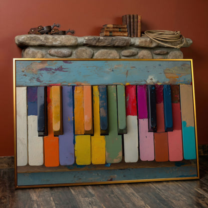 Colorful Piano Keys Canvas Art, Whimsical Music Wall Decor in antique gold floating frame