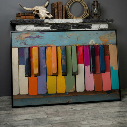 Colorful Piano Keys Canvas Art, Whimsical Music Wall Decor in black floating frame