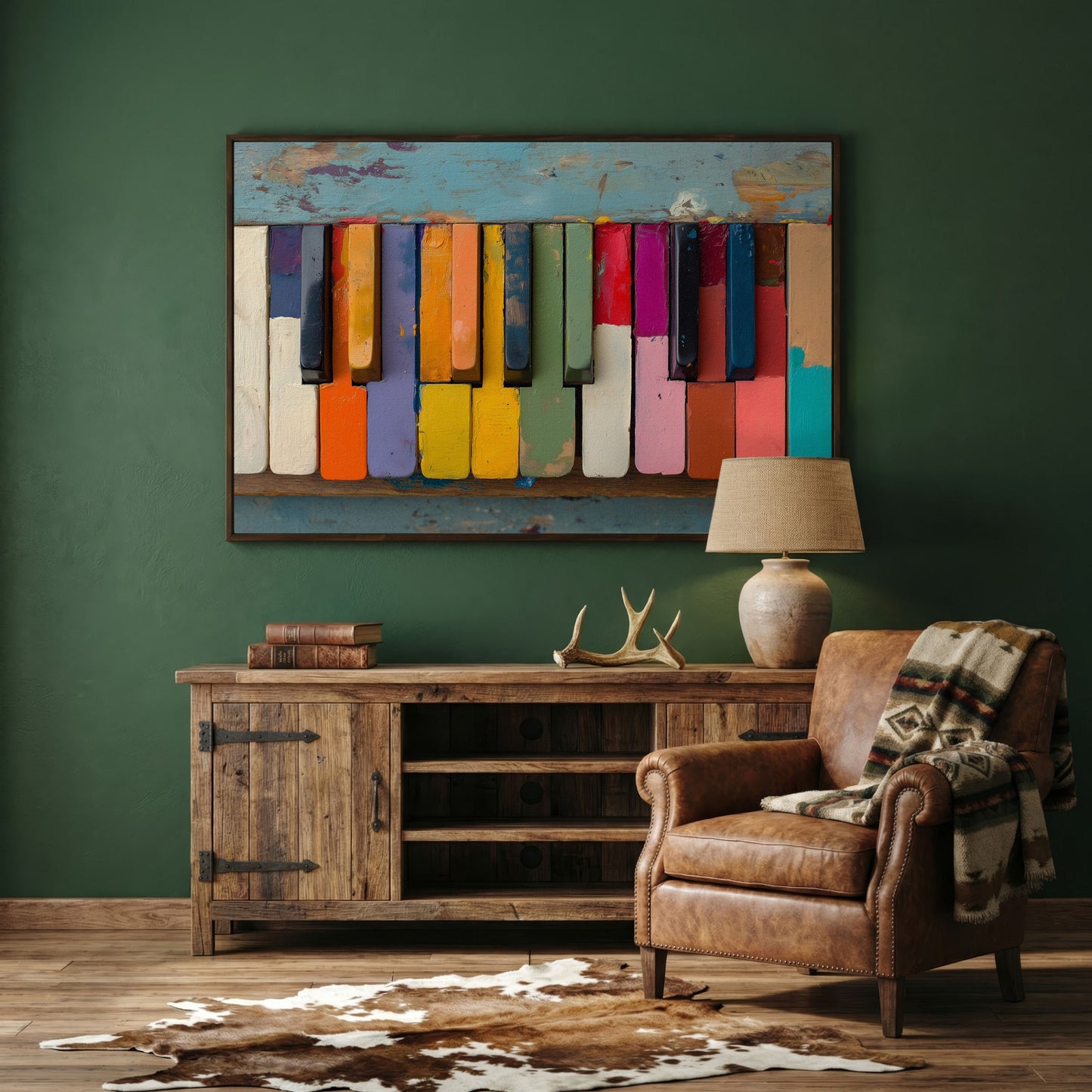 Colorful Piano Keys Canvas Art, Whimsical Music Wall Decor in dark walnut floating frame